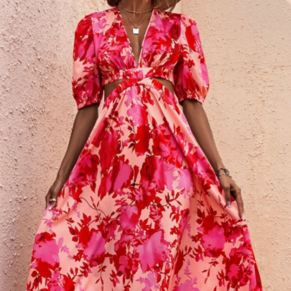 Shein Floral Print Cut Out Puff Sleeve Dress